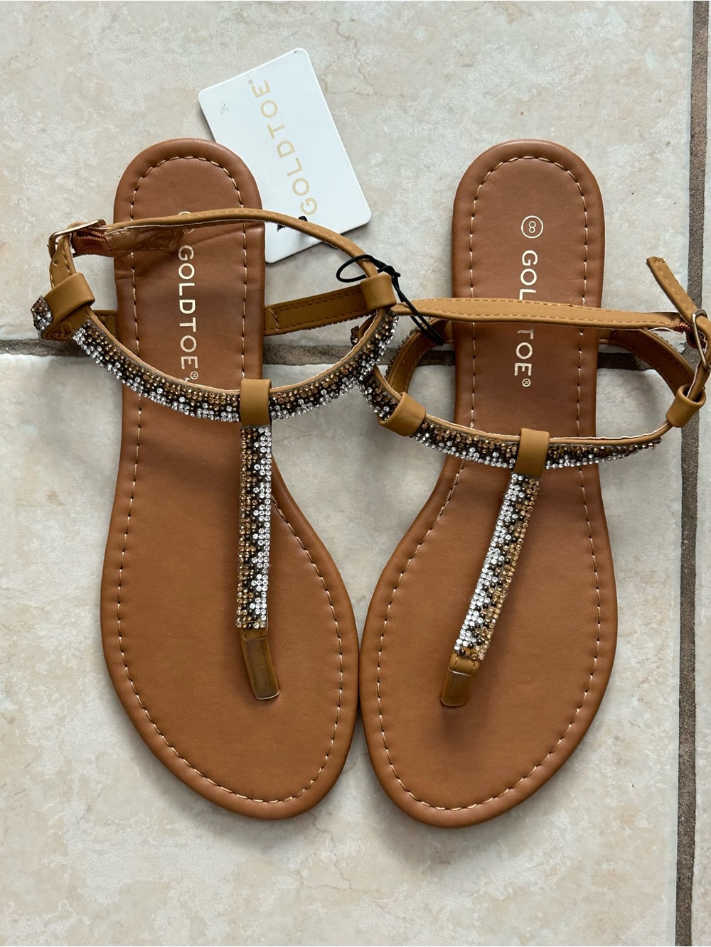 Gold Toe Tan T-Strap Sandals with Sparkling Bead Trim